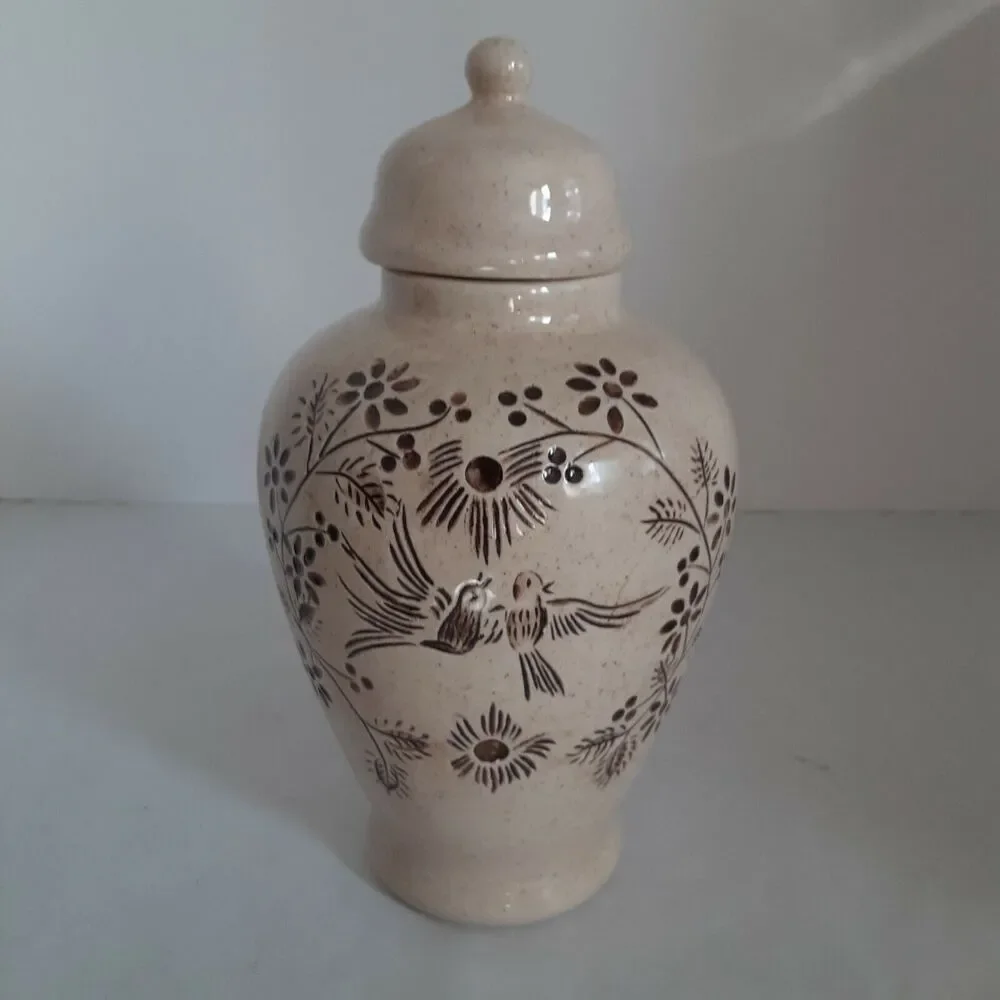 Student Art Hand Etched Pottery Urn With Lid, Mockingbirds Minimalist